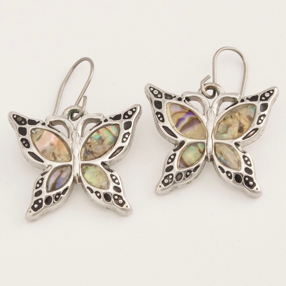 Abalone Shell Inlay Butterfly Dangle Earrings Silver Tone